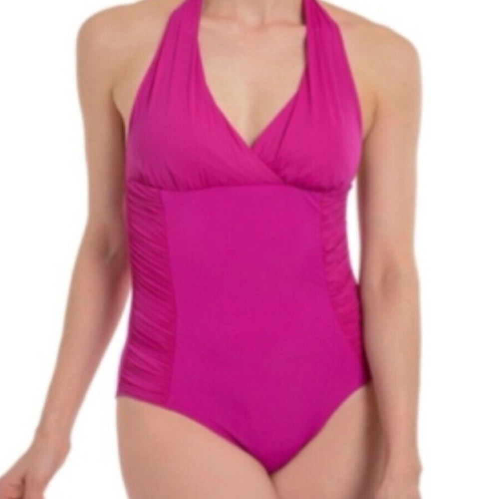 Spanx Halter Ruched One Piece Slimming Swimsuit Fuchsia Pink Size 12